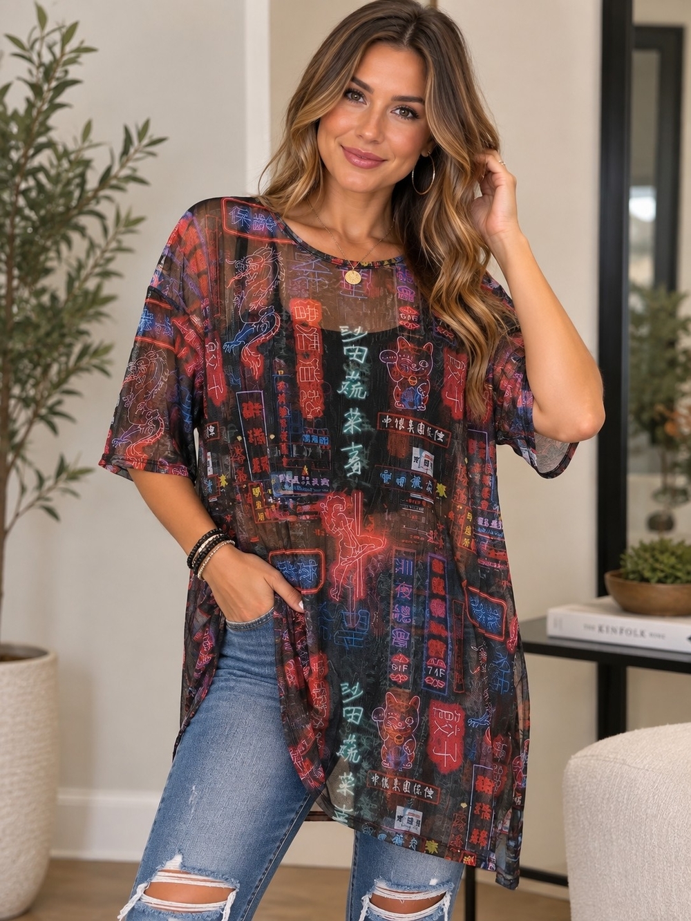 Women's Sheer Neon Print Short Sleeve Tunic - Black Multicolor